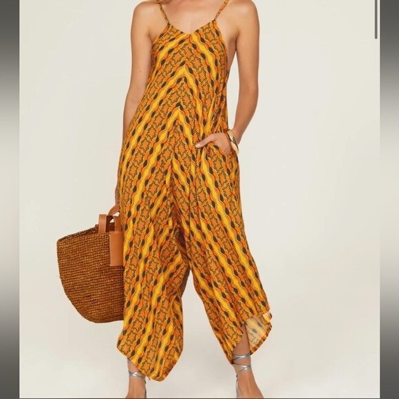 Kahindo Kano Orange Yellow Patterned Cropped Wide Leg Jumpsuit Size Large - Picture 2 of 9